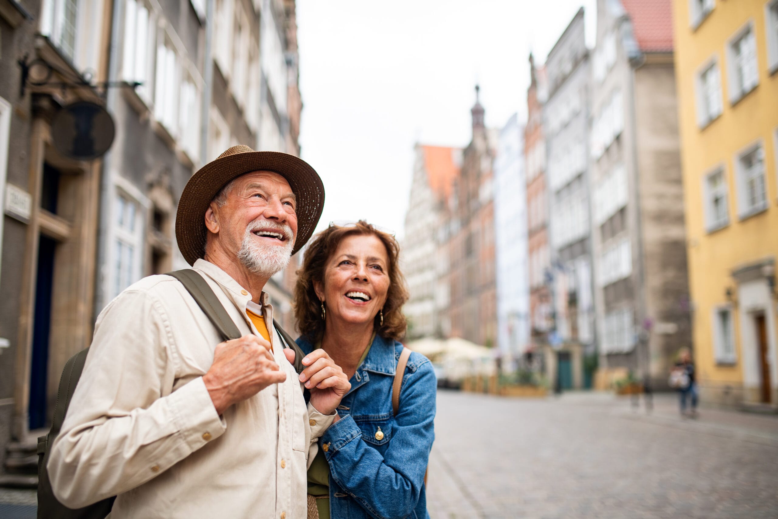 happy couple traveling abroad